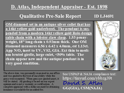 1.13ct Old Mine Cut Antique Collet Pendant Necklace
