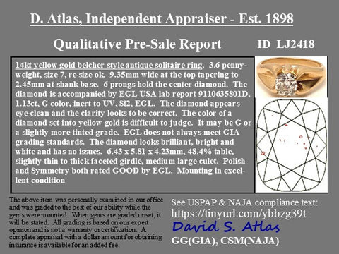 1.13ct Old Mine Cut Diamond Belcher Ring, EGL G SI2