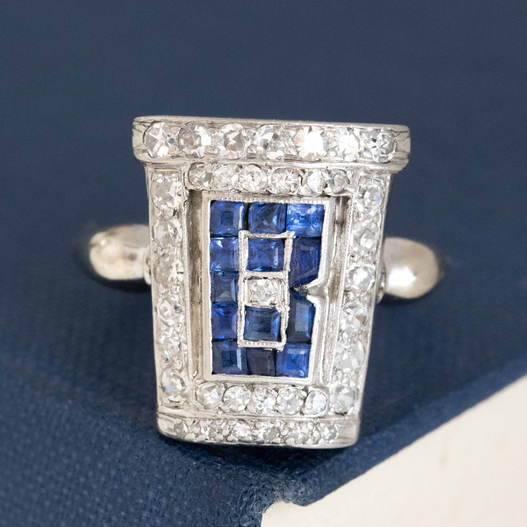 1.13ctw Art Deco B Letter Diamond & Sapphire Cluster Ring