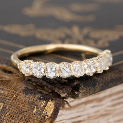 Historic style 1.13ctw Old Mine Cut Diamond Half-Hoop 9-Stone Band wedding band with Old Mine Cut Diamonds, unique heirloom in yellow gold