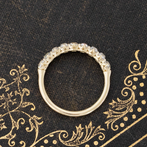 Side view of 1.13ctw Old Mine Cut Diamond Half-Hoop 9-Stone Band, vintage-inspired band with Old Mine Cut Diamonds, crafted in yellow gold