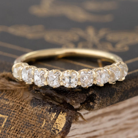 1.13ctw Old Mine Cut Diamond Half-Hoop 9-Stone Band with Old Mine Cut Diamonds in yellow gold, antique-inspired one-of-a-kind wedding band