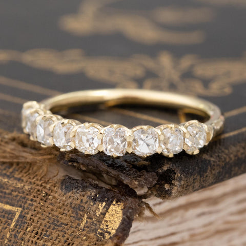 Antique lovers’ 1.13ctw Old Mine Cut Diamond Half-Hoop 9-Stone Band in yellow gold, featuring rare Earth-mined Old Mine Cut Diamonds