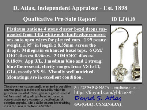 1.14ctw Antique Old European Cut Diamond Bar Drop Earrings