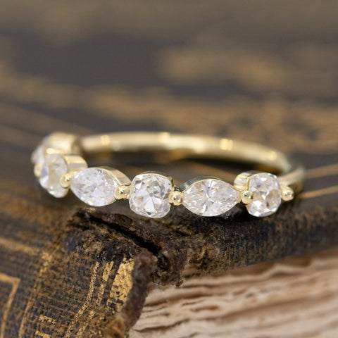 Antique lovers’ 1.14ctw Mixed Marquise & Old Mine Cut Diamond Band in yellow gold, featuring rare Earth-mined Old Mine Cut Diamonds