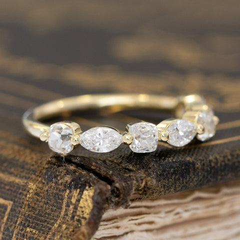 Historic style 1.14ctw Mixed Marquise & Old Mine Cut Diamond Band wedding band with Old Mine Cut Diamonds, unique heirloom in yellow gold