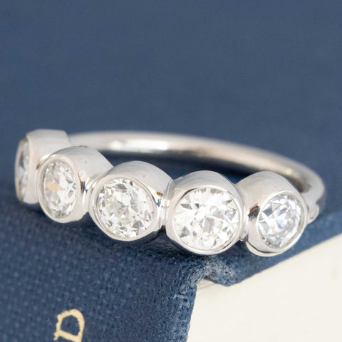 Antique lovers’ 1.14ctw Old European Cut Diamond 5-Stone Bezel Band in platinum, featuring rare Earth-mined Old European Cut Diamonds