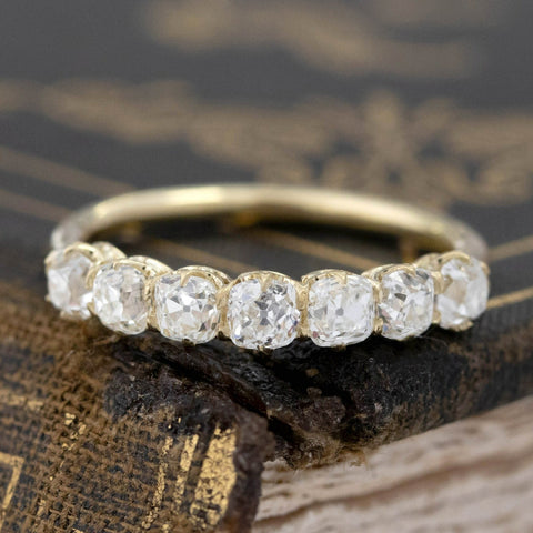 1.14ctw Old Mine Cut Diamond 7-Stone Band with Old Mine Cut Diamonds in yellow gold, antique-inspired one-of-a-kind wedding band
