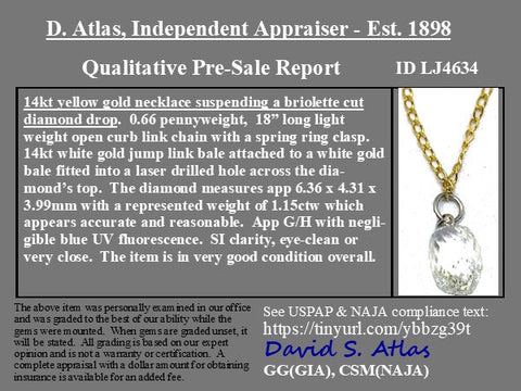 1.15ct Antique Briolette Cut Diamond Pendant