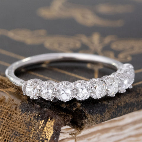 Historic style 1.15ctw Old Mine Cut Diamond 9-Stone Half-Hoop Band wedding band with Old Mine Cut Diamonds, unique heirloom in platinum