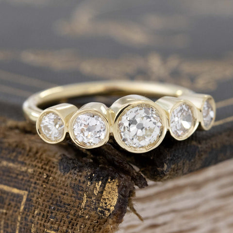 Historic style 1.16ctw Old European Cut Diamond Graduated 5-Stone Band wedding band with Old European Cut Diamonds, unique heirloom in yellow gold