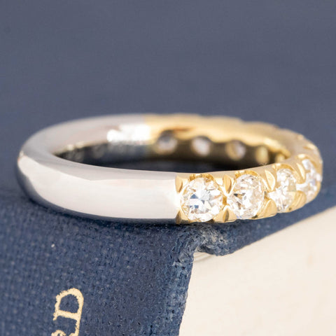 Historic style 1.17ctw Old European Cut Diamond Half-Eternity Yin-Yang Band wedding band with Old European Cut Diamonds, unique heirloom in platinum and 18kt yellow gold