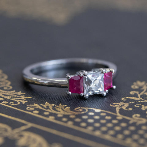 1.18ctw French Cut Diamond and Burmese Ruby Trilogy Ring, GIA F VS1