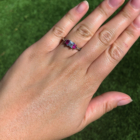1.18ctw French Cut Diamond and Burmese Ruby Trilogy Ring, GIA F VS1