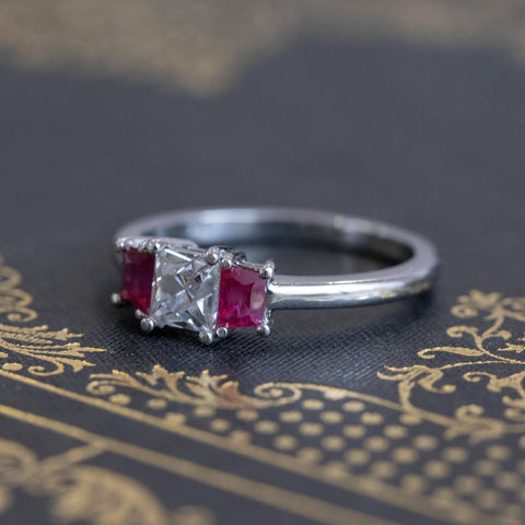 1.18ctw French Cut Diamond and Burmese Ruby Trilogy Ring, GIA F VS1
