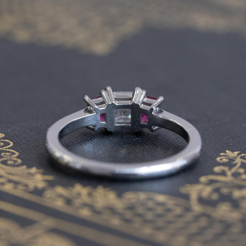 1.18ctw French Cut Diamond and Burmese Ruby Trilogy Ring, GIA F VS1
