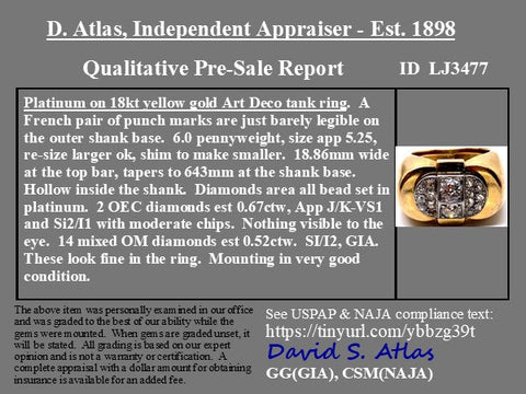 1.19ctw Art Deco Old Cut Diamond Tank Ring, French