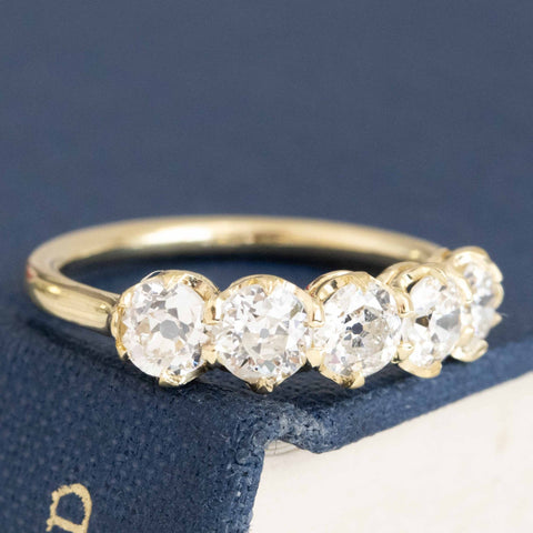 Historic style 1.19ctw Old European Cut Diamond 5-Stone Band wedding band with Old Mine Cut Diamonds, unique heirloom in yellow gold