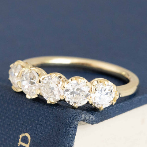 Antique lovers’ 1.19ctw Old European Cut Diamond 5-Stone Band in yellow gold, featuring rare Earth-mined Old Mine Cut Diamonds
