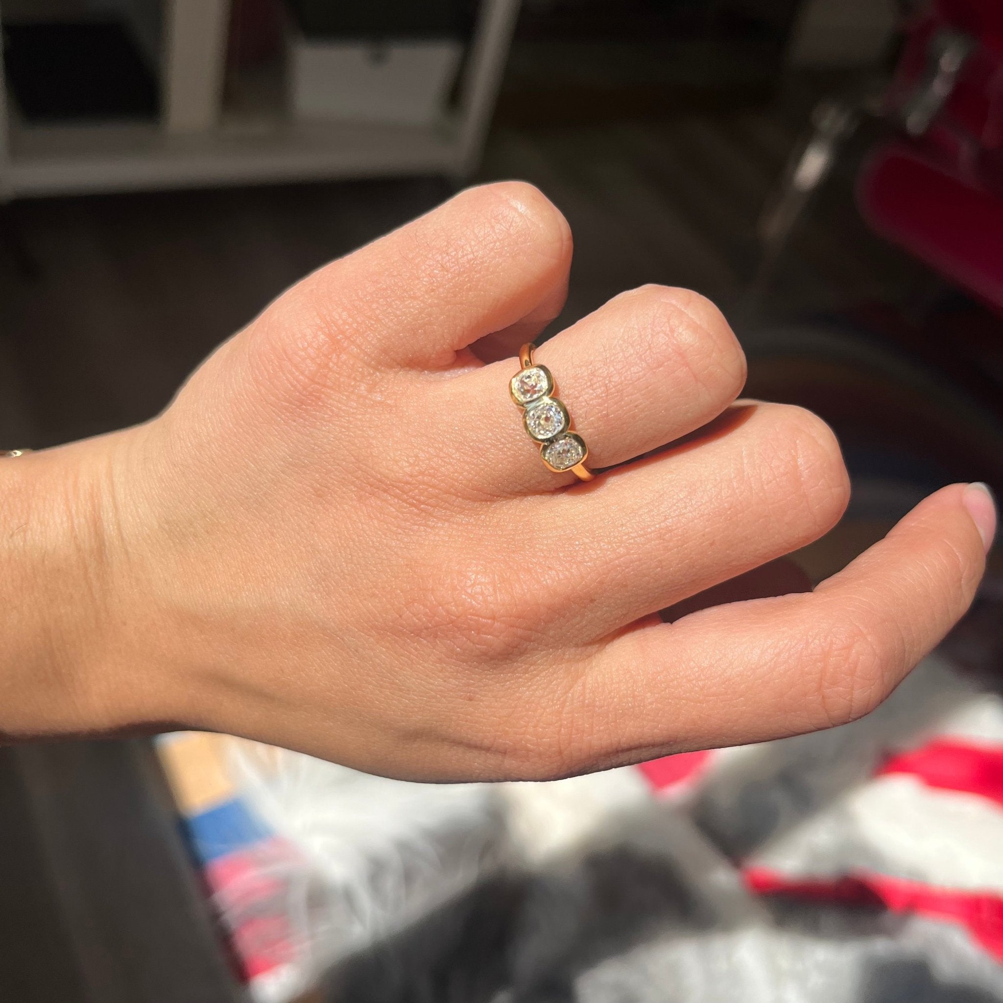 1.19ctw Old Mine Cut Diamond Bezel Trilogy Ring