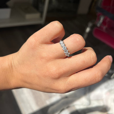 Elegant 1.20ctw Old European Cut Diamond 5-Stone Band, romantic design with Old European Cut Diamonds, Earth-mined diamonds in platinum shown on ring finger