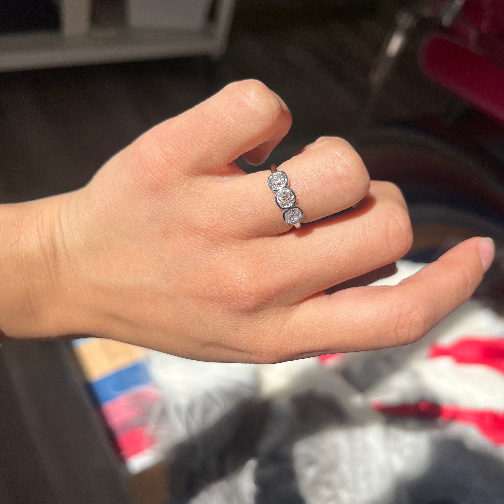 1.21ctw Old Mine Cut Diamond Bezel Trilogy Ring