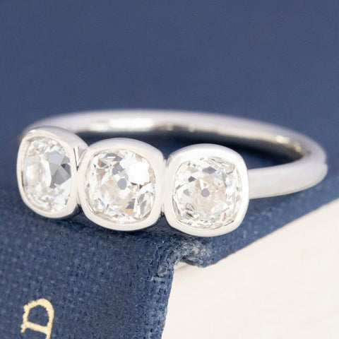 1.21ctw Old Mine Cut Diamond Bezel Trilogy Ring