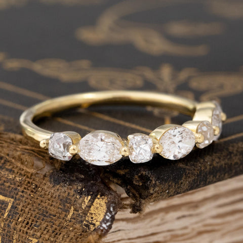 Historic style 1.23ctw Mixed Marquise & Old Mine Cut Diamond Band wedding band with Old Mine Cut Diamonds, unique heirloom in yellow gold