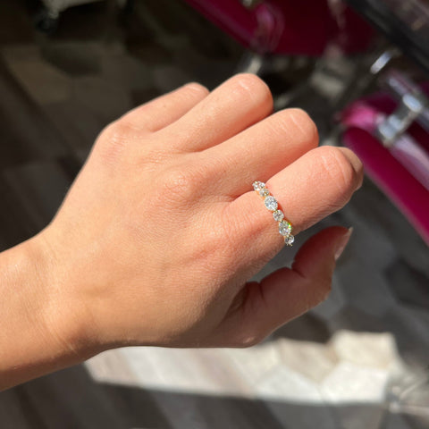 Elegant 1.23ctw Mixed Marquise & Old Mine Cut Diamond Band, romantic design with Old Mine Cut Diamonds, Earth-mined diamonds in yellow gold shown on ring finger