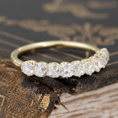 Historic style 1.23ctw Old Mine Cut Diamond Half-Hoop Band wedding band with Old Mine Cut Diamonds, unique heirloom in yellow gold