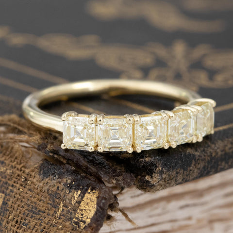 Historic style 1.24ctw Fancy Yellow Asscher Cut Diamond 5-Stone Band wedding band with Antique Diamonds, unique heirloom in yellow gold