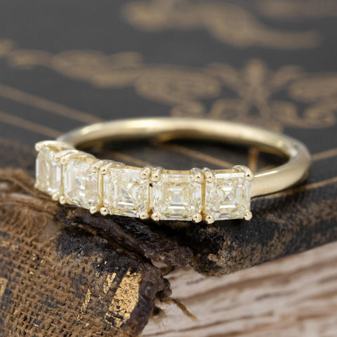 Antique lovers’ 1.24ctw Fancy Yellow Asscher Cut Diamond 5-Stone Band in yellow gold, featuring rare Earth-mined Antique Diamonds