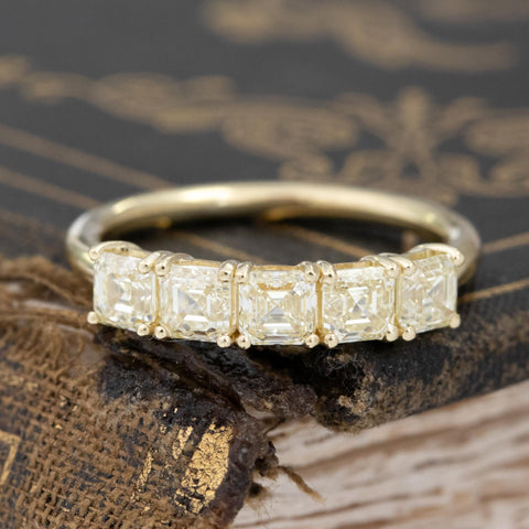 1.24ctw Fancy Yellow Asscher Cut Diamond 5-Stone Band with Antique Diamonds in yellow gold, antique-inspired one-of-a-kind wedding band