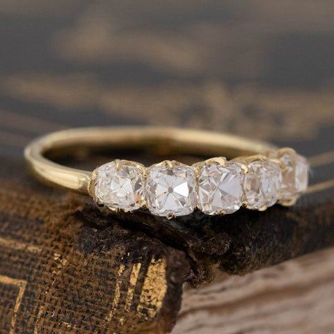 Historic style 1.24ctw Old Mine Cut Diamond 5-Stone Band wedding band with Old Mine Cut Diamonds, unique heirloom in yellow gold