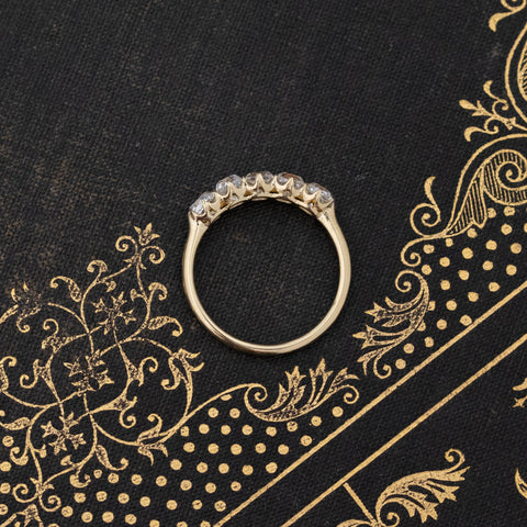 Side view of 1.24ctw Old Mine Cut Diamond 5-Stone Band, vintage-inspired band with Old Mine Cut Diamonds, crafted in yellow gold