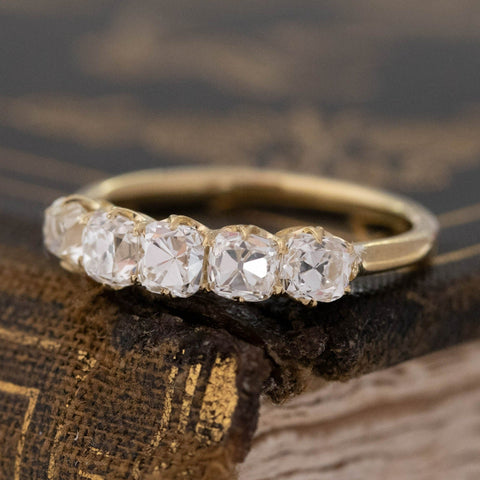 Antique lovers’ 1.24ctw Old Mine Cut Diamond 5-Stone Band in yellow gold, featuring rare Earth-mined Old Mine Cut Diamonds