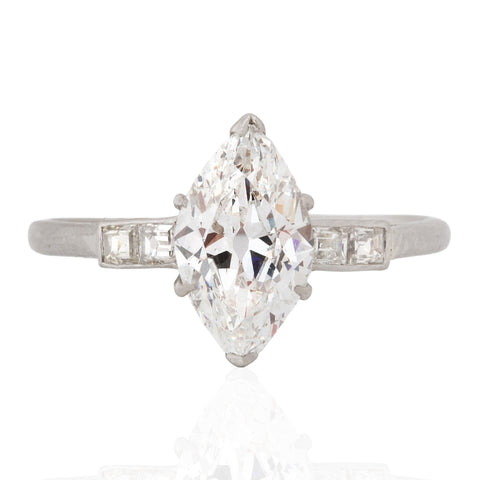 1.25ct Art Deco marquise diamond ring with carre cut shoulders in platinum, GIA