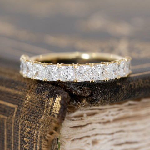 1.25ctw Radiant Cut Diamond Half-Hoop Band with Antique Diamonds in yellow gold, antique-inspired one-of-a-kind wedding band