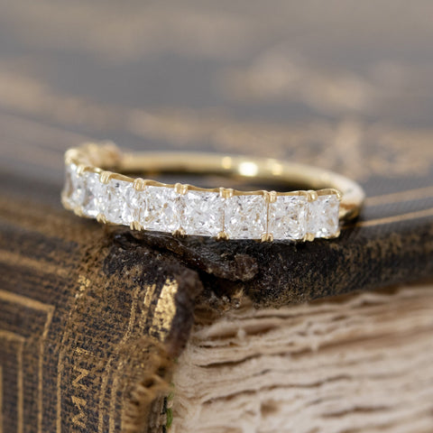 Antique lovers’ 1.25ctw Radiant Cut Diamond Half-Hoop Band in yellow gold, featuring rare Earth-mined Antique Diamonds