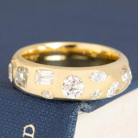 1.26ctw Mixed Cut Diamond Scatter Band with Old Mine Cut Diamonds in yellow gold, antique-inspired one-of-a-kind wedding band