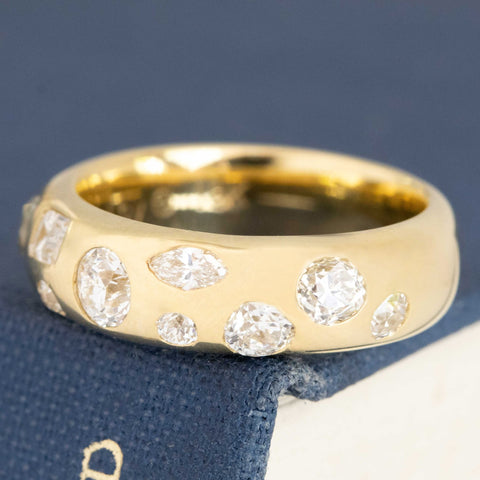 Antique lovers’ 1.26ctw Mixed Cut Diamond Scatter Band in yellow gold, featuring rare Earth-mined Old Mine Cut Diamonds