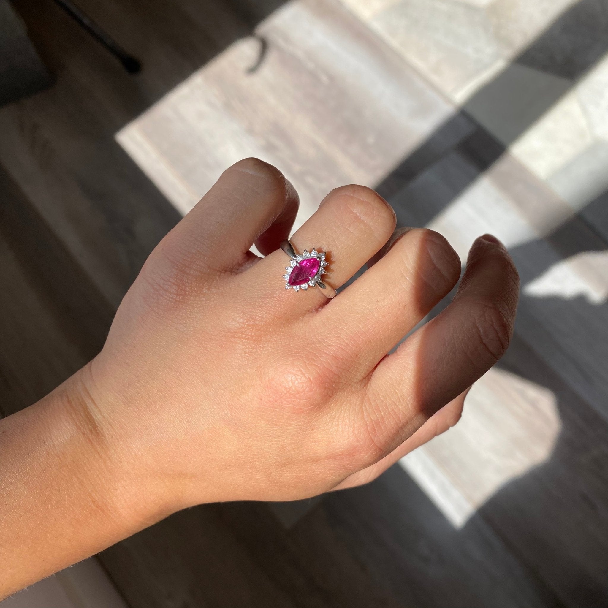 1.28ctw Pink Sapphire Diamond Halo Navette Ring