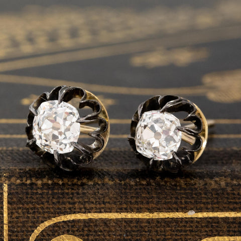 1.30CTW OLD MINE CUT DIAMOND COLLET STUD EARRINGS