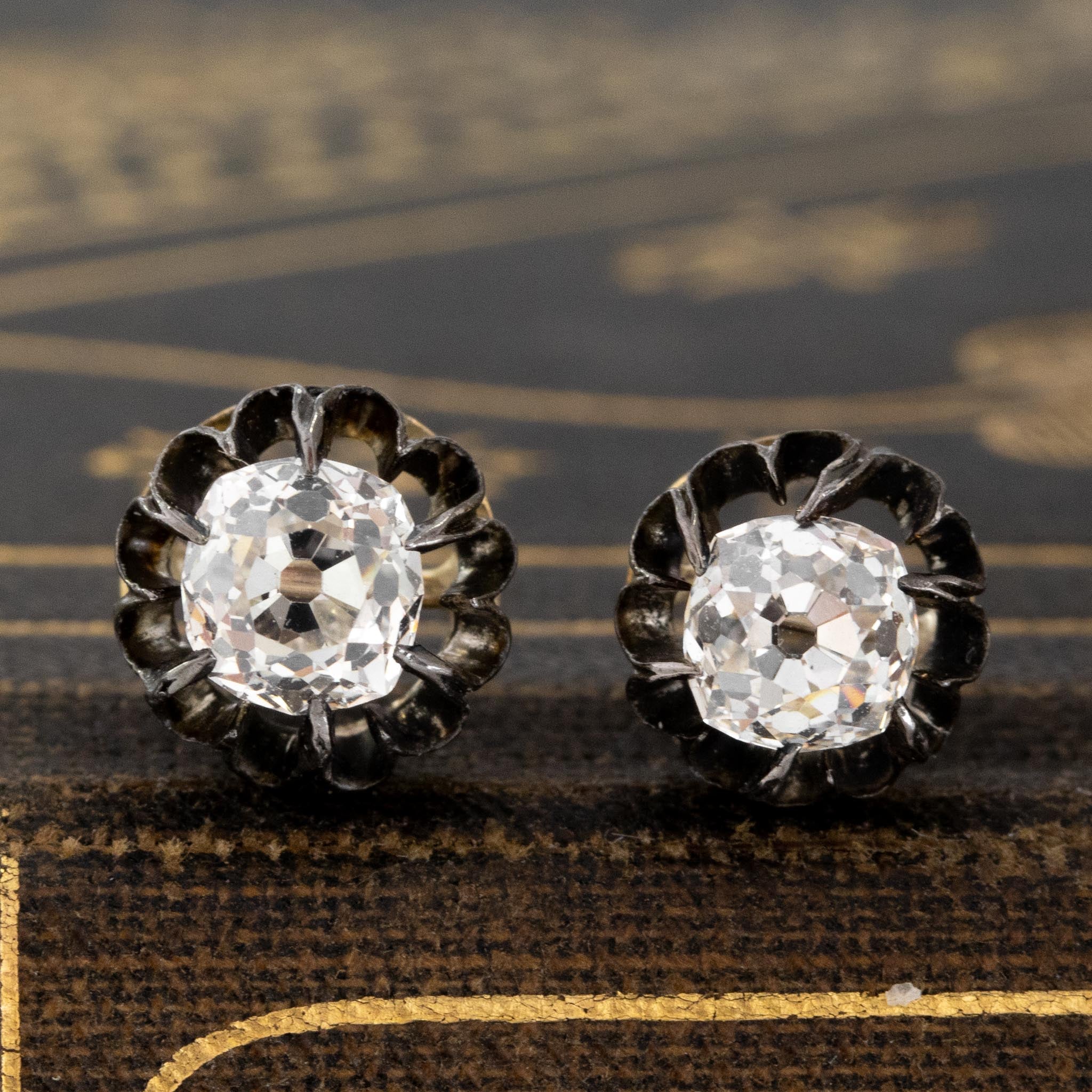 1.30CTW OLD MINE CUT DIAMOND COLLET STUD EARRINGS