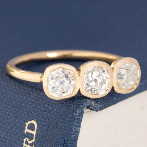1.31ctw Old Mine Cut Diamond Bezel Trilogy Ring