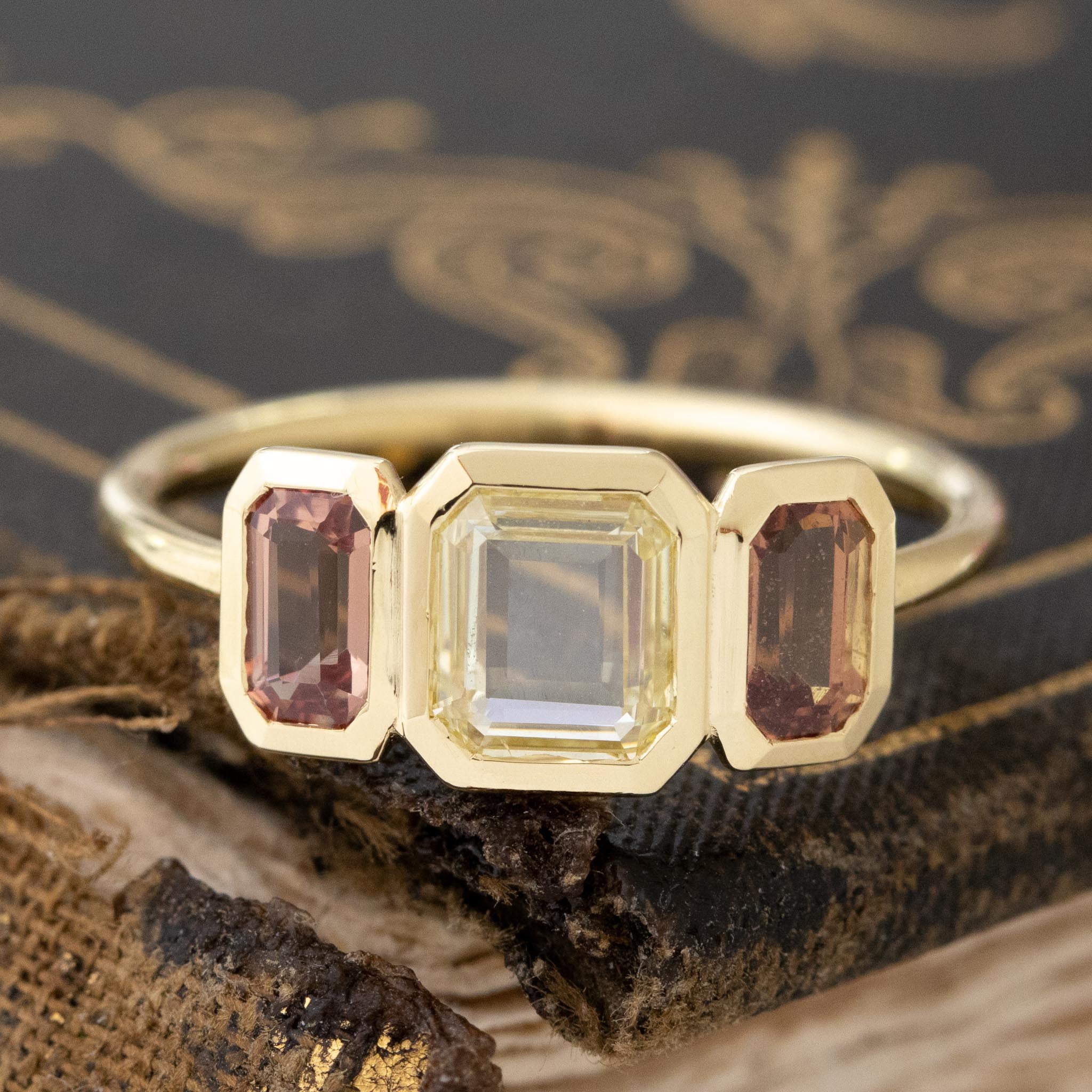 1.33ctw Portrait Cut Diamond & Sapphire Trilogy Ring