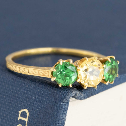 1.35ctw Vintage Sapphire & Tsavorite Trilogy Ring