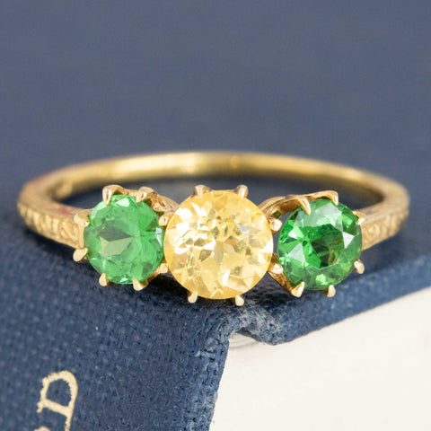 1.35ctw Vintage Sapphire & Tsavorite Trilogy Ring