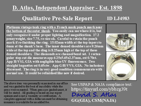 Vintage French diamond tank ring with bold Art Deco retro influence, shown wit h the appraisal report