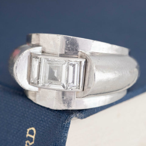 Historical style tank ring inspired by 1940s design, platinum with diamonds